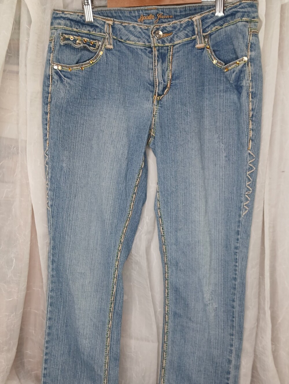 Light Wash Straight Leg Jeans with Decorative Trim by Apollo Jeans